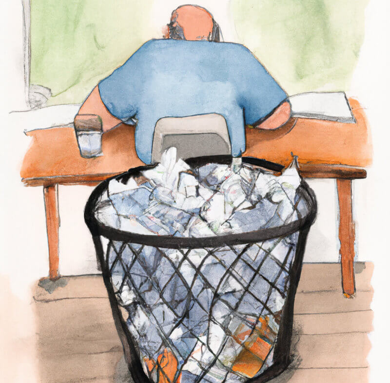 A waste-basket full of scrunched up paper, a person sitting at a desk frustrated, seen from behind. The individual wishes there was a quick way to generate a Docx and PDF cover letter...