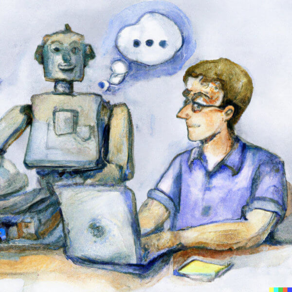 A man and a robot have a pleasant conversation in front of a computer